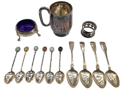 Lot 1018 - Victorian silver christening mug, silver cauldron salt with blue glass liner, four Gerogian silver teaspoons, six sterling coffee spoons with semi precious gem stone terminals and a plated napkin ring