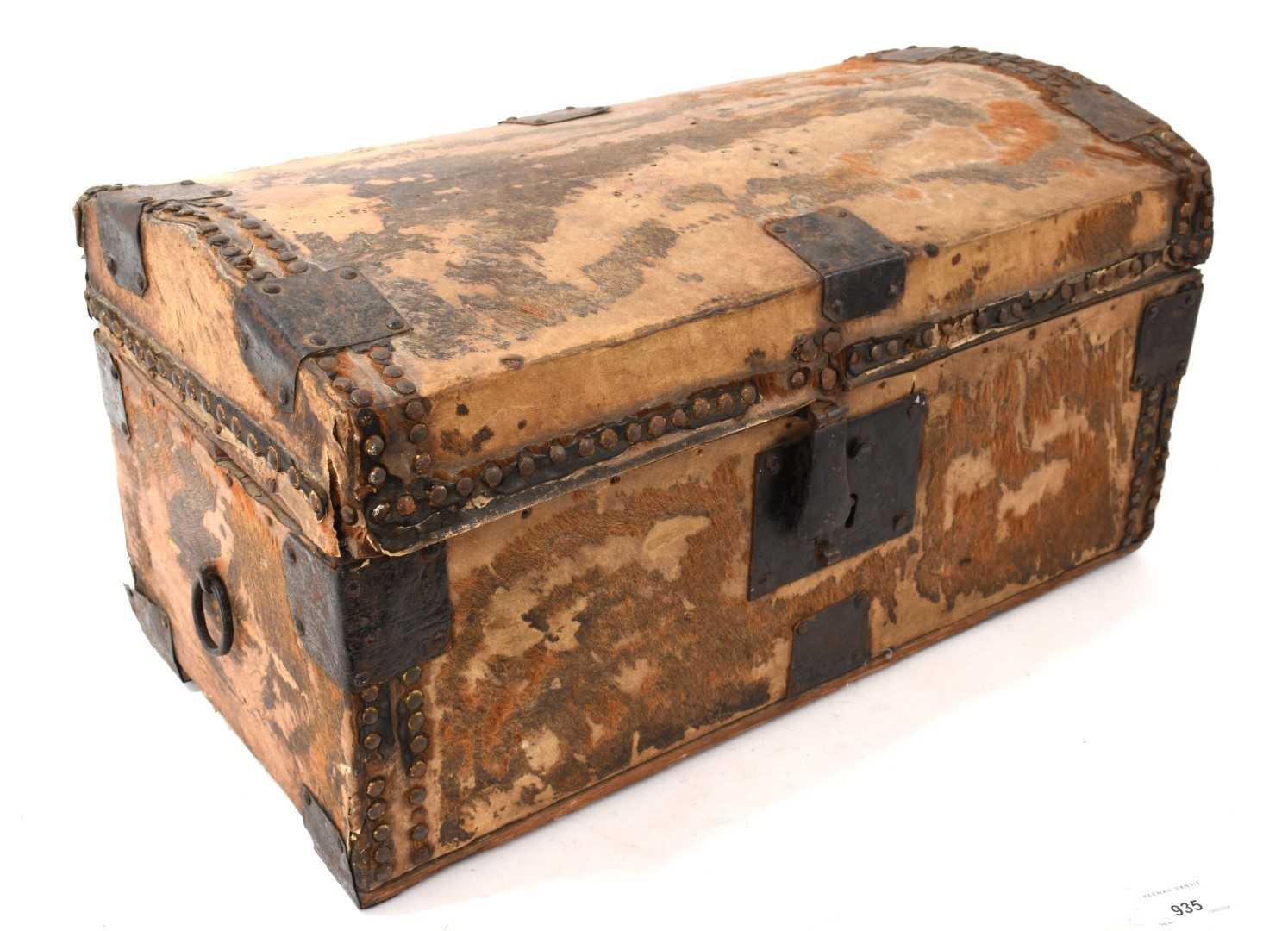 Lot 935 - Georgian pony skin covered carriage document box with label to interior