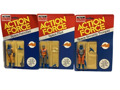 Lot 271 - Palitoy Action Man Action Force Space Pilot, Security Trooper & Patroller, on card with blister pack (3)