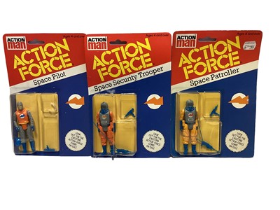 Lot 272 - Palitoy Action Man Action Force Space Pilot, Security Trooper & Patroller, on card with blister pack (3)