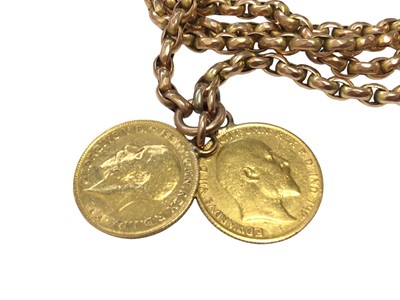 Lot 60 - Victorian 9ct rose gold long guard chain mounted with Two gold half sovereigns