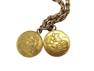 Lot 60 - Victorian 9ct rose gold long guard chain mounted with Two gold half sovereigns