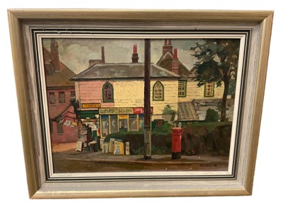 Lot 158 - English school, mid 20th century, oil on board, Street scene, signed and dated '50, 28 x 39cm, framed