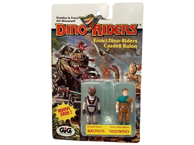 Lot 336 - Tyco GiG (c1989) Italian Version Series 2 Dino Riders Nouvi Eroi (New Heroes) Kronos & Neutrino 2 3/4" action figure twin pack set, on card with blister pack No.9108 (1)