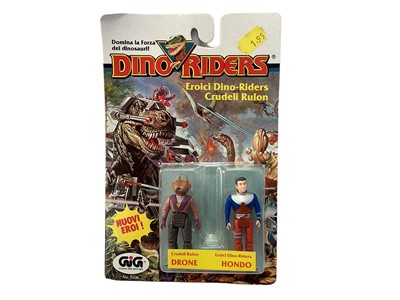 Lot 334 - Tyco GiG (c1989) Italian Version Series 2 Dino Riders Nouvi Eroi (New Heroes) Drone & Hondo 2 3/4" action figure twin pack set, on card with blister pack No.9108 (1)