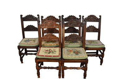 Lot 1326 - Set of six 17th century and later carved oak Derbyshire back stools with tapestry seats