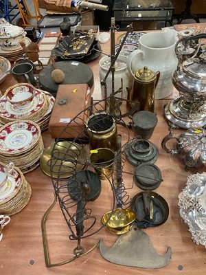 Lot 445 - Group of assorted metalwares to include cup weights, brass kitchen utensils and other items.