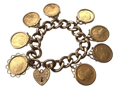Lot 24 - 9ct gold curb link bracelet with a padlock clasp and 8 Victorian gold full sovereigns