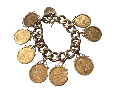Lot 24 - 9ct gold curb link bracelet with a padlock clasp and 8 Victorian gold full sovereigns