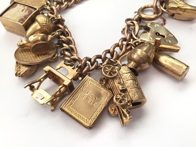Lot 26 - 9ct gold charm bracelet with various 9ct gold charms including a Victorian gold half sovereign, 1899