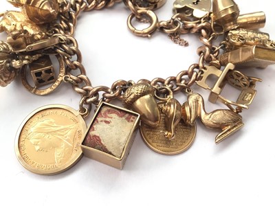 Lot 26 - 9ct gold charm bracelet with various 9ct gold charms including a Victorian gold half sovereign, 1899
