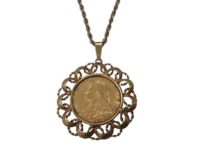 Lot 28 - Victorian gold full sovereign, 1899, in 9ct gold mount on 9ct gold chain