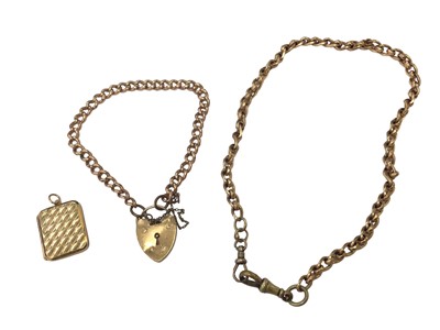 Lot 40 - 9ct gold bracelet with padlock clasp, 9ct gold back and front locket and a yellow metal watch chain