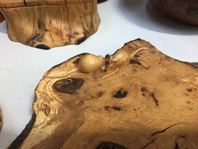 Lot 307 - Group of treen items including two chopping boards with carved mouse design