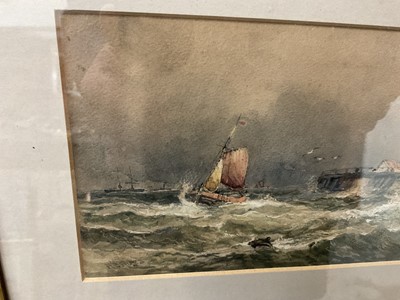 Lot 161 - Robert Ernest Roe (1852-1921) watercolour - Shipping off a pier, signed, 12 x 19cm, in glazed maple frame