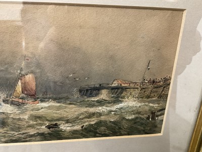 Lot 161 - Robert Ernest Roe (1852-1921) watercolour - Shipping off a pier, signed, 12 x 19cm, in glazed maple frame
