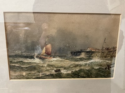 Lot 161 - Robert Ernest Roe (1852-1921) watercolour - Shipping off a pier, signed, 12 x 19cm, in glazed maple frame
