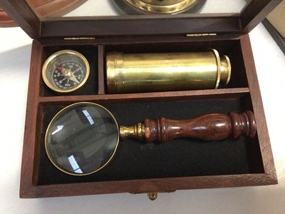 Lot 310 - Sestrel ship's bulkhead clock by Henry Browne & Son Ltd, similar style brass barometer, one other and a cased contemporary telescope, compass and magnifying glass set