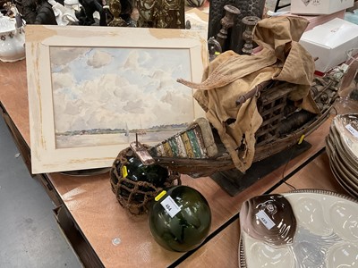 Lot 484 - Wooden boat, glass fishing floats and Arthur Briscoe watercolour