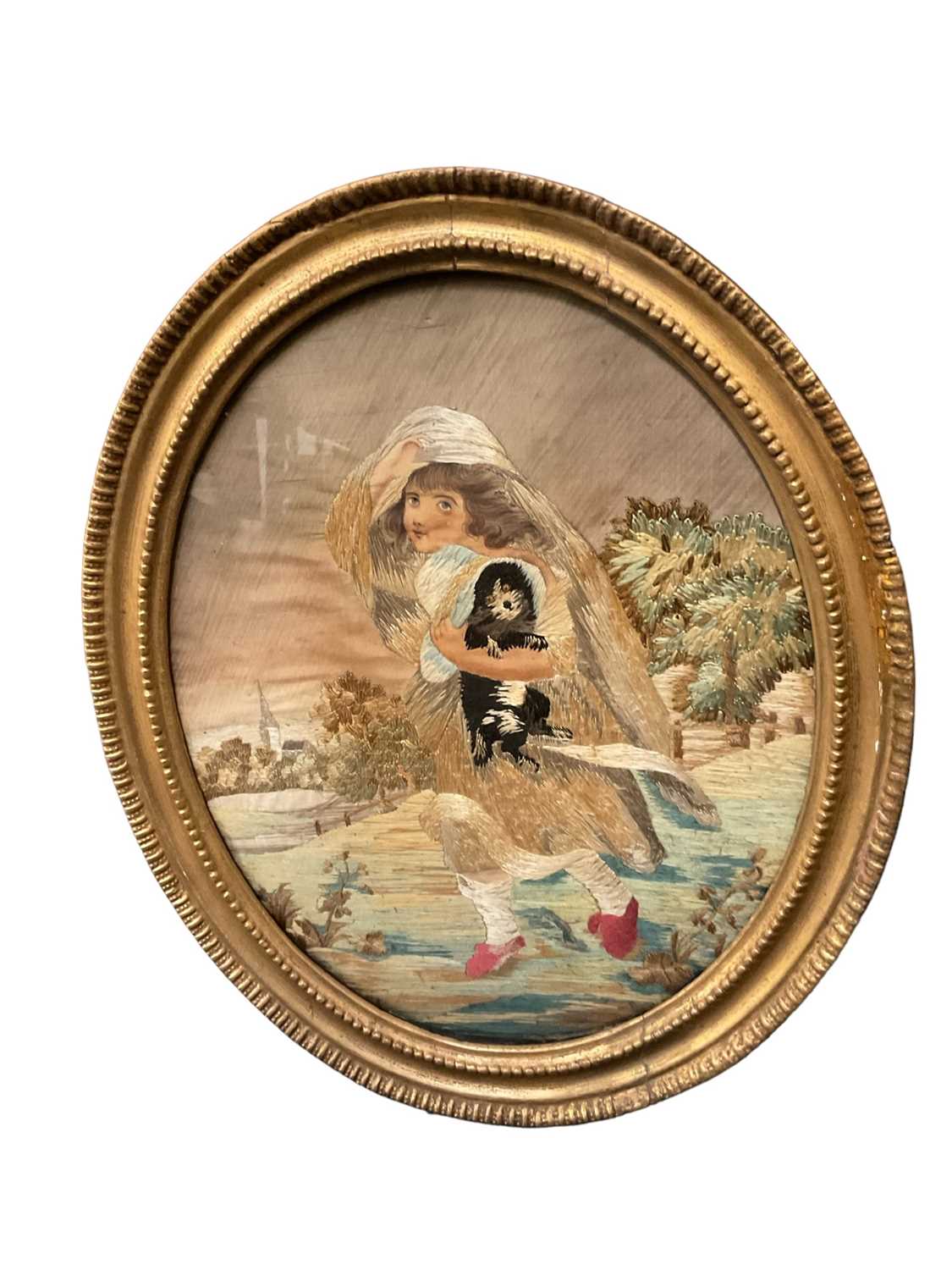 Lot 379 - Georgian silk work panel of a lady and her dog