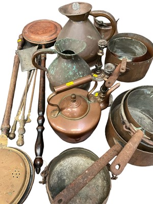 Lot 146 - Antique copper saucepans, antique copper flagon/measures, warming pans and various antique metal ware