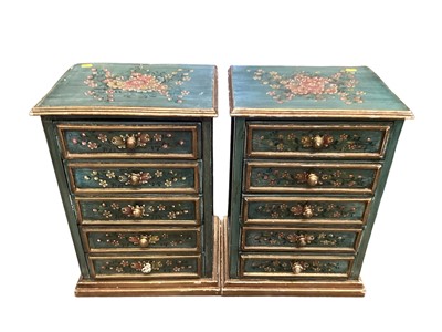 Lot 1259 - Pair of handpainted bedside chests of five drawers