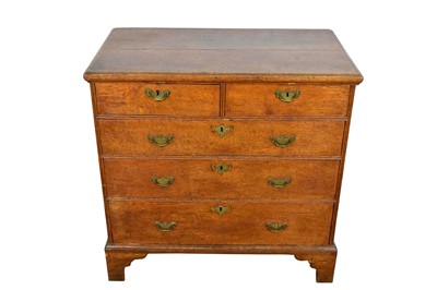 Lot 1363 - Mid-18th century oak chest of two short and three long drawers