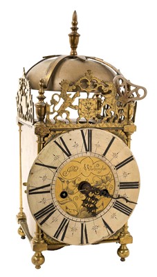 Lot 750 - Victorian 17th century style brass lantern clock signed James Worthington, key and pendulum present.