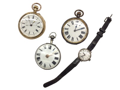 Lot 1008 - George III silver pocket watch, a late Victorian gold plated chronometer pocket watch, a 1920s Omega silver wristwatch and an Edwardian pocke...