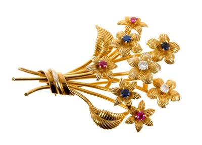 Lot 622 - 18ct gold diamond ruby and sapphire floral spray brooch