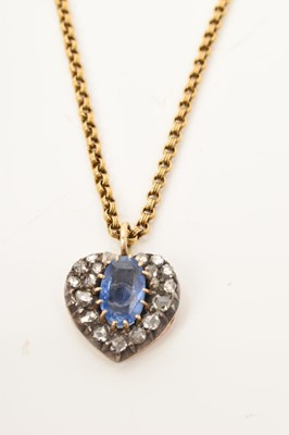 Lot 426 - Antique diamond and sapphire heart shape pendant on an antique gold chain