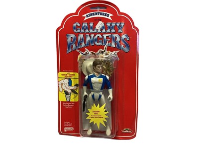 Lot 97 - Galoob (c1986) Adventures of the Galaxy Rangers Zachery Foxx (Galaxy Ranger) 7" action figure with quick draw action (not tested), on card (slight crease to hanger part) & bubblepack (dented corner...