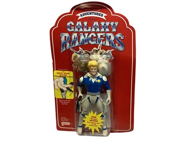 Lot 95 - Galoob (c1986) Adventures of the Galaxy Rangers Shane "The Goose" Gooseman (Galaxy Ranger) 7" action figure with quick draw action (not tested), one gun only, on card (slight crease to hanger part)...