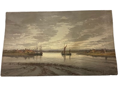 Lot 134 - English School, late 19th century - East Anglian harbour at dusk, signed with initials J W G S, 29 x 49cm