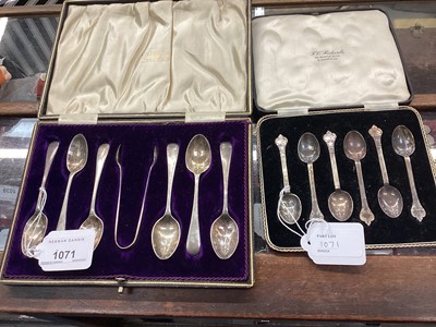 Lot 1071 - Cased set of six silver tea spoons with sugar tongs together with a cased set of six silver coffee spoons.