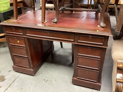 Lot 1318 - Edwardian three part pedestal desk (the drawers open with a key, it has never had handles)