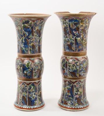 Lot 161 - Pair of Chinese Kangxi Gu vases, with European clobbered ornament, severe damage and repair