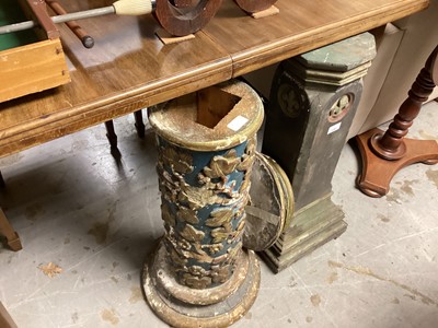 Lot 1291 - Two 19th century arts & crafts period ecclesiastical pedestals, together with arts & crafts period stool with carved top and shaped ends (3 items)