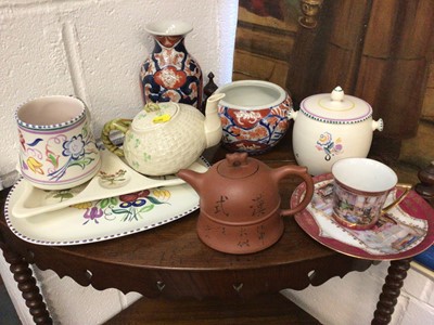 Lot 51 - Beleek tea pot, four pieces of Poole china, Imari vase and small pot, Chinese chai/tea pot and Vienna cup and dish