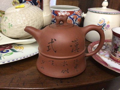 Lot 51 - Beleek tea pot, four pieces of Poole china, Imari vase and small pot, Chinese chai/tea pot and Vienna cup and dish