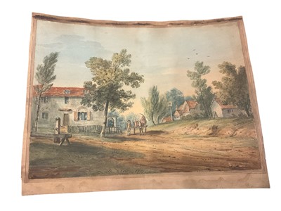 Lot 138 - English School, late 18th / early 20th century, watercolour, travellers in a village, 27 x 36cm