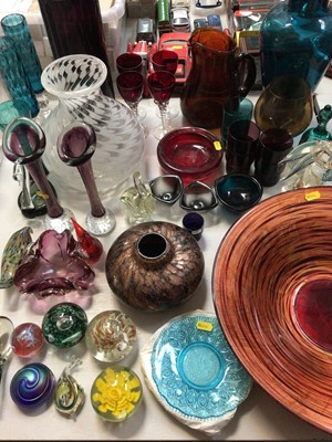 Lot 301 - Group of coloured glass ware including a studio glass vase with aventurine fleck decoration, signed Selkirk Glass paperweight, animal ornaments etc