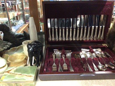 Lot 349 - Canteen of plated cutlery, brass letter stand, green onyx items and sundries