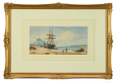 Lot 1076 - Thomas Hardy, late 19th century, watercolour - Mounts Bay, Cornwall, signed and inscribed, 16cm x 32.5cm, in glazed gilt frame