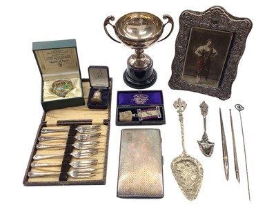 Lot 1074 - Silver photograph frame, silver tooth fairy pot, Charles Horner silver hat pin, plated items, medal in case and an enamelled trinket pot