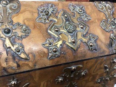 Lot 50 - 19th century arch top stationery box of exotic veneer, in the gothic ecclesiastical style, together with matching blotter, both with brass shaped strapping.  Together with Victorian oak tantalus fr...