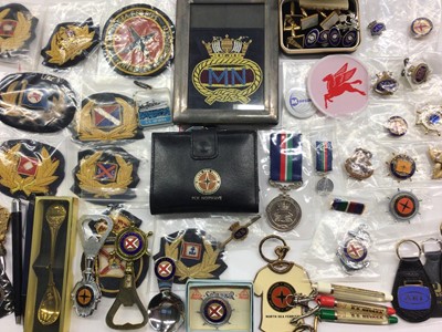 Lot 317 - Collection of Merchant Navy and other shipping cloth badges, enamelled pins, cufflinks, keyrings etc