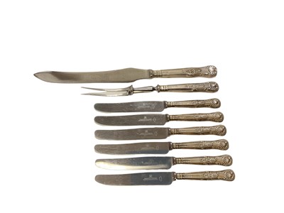 Lot 336 - Six silver kings pattern knives and matching carving knife and fork