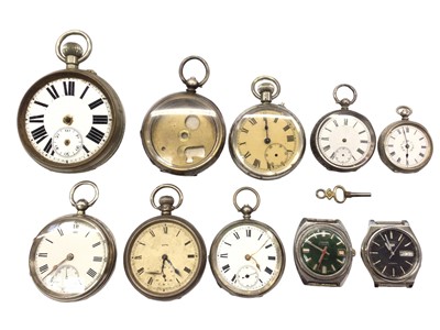 Lot 1064 - Three silver cased pocket watches, one other, two silver fob watches, a silver watch case, a Goliath pocket watch and two wristwatches