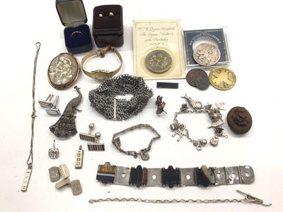 Lot 1065 - Group of jewellery, gold, silver jewellery, various coins and bijouterie